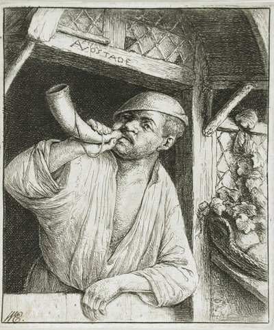 Bager, der blæser i sit horn af Adriaen van Ostade