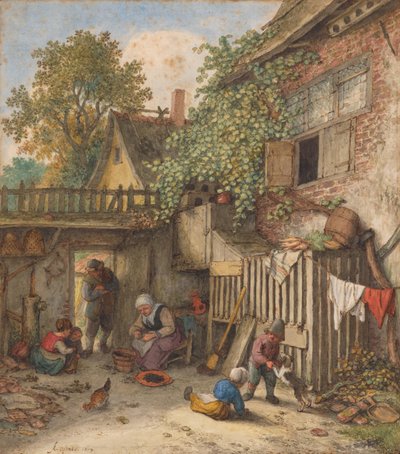En gårdsplads med en kvinde, der renser muslinger af Adriaen van Ostade