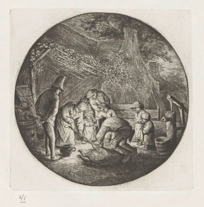 Landmandsfamilie ved slagtning af en gris af Adriaen van Ostade