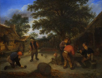 Dansk:  Kuglespillerne i krohaven Ballplayers in the inn garden (Kuglespillerne i krohaven) af Adriaen van Ostade