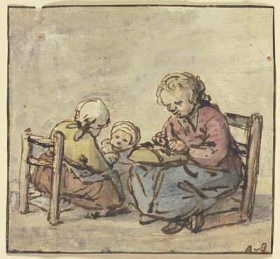 Tre piger, den ældste knipler blonder af Adriaen van Ostade