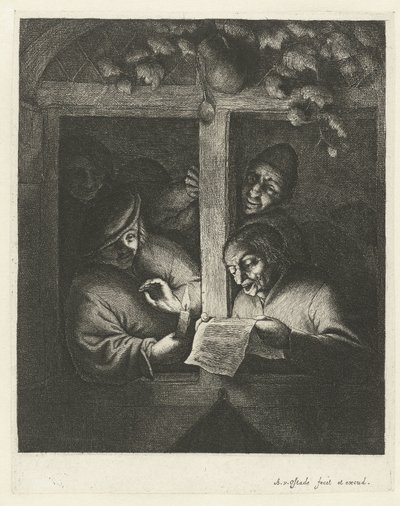 Tre mænd synger fra et ark papir ved levende lys i et åbent vindue retorikerne af Adriaen van Ostade