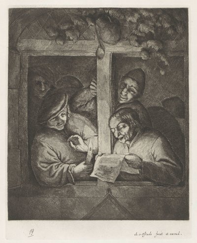 Tre mænd synger fra et ark papir ved levende lys i et åbent vindue af Adriaen van Ostade