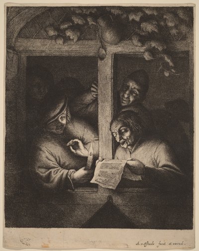 Fire mænd ved et vindue, én læser fra et ark ved stearinlys af Adriaen van Ostade