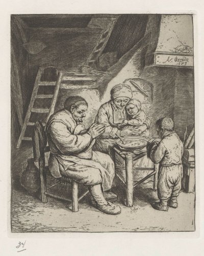 Familie ved bordet til måltidet af Adriaen van Ostade