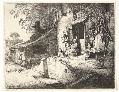 Kvinde, som spinder foran et bondehus af Adriaen van Ostade