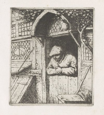 Mand læner sig op ad en bunddør af Adriaen van Ostade