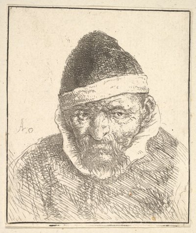 Gammel mand med hvid krave og spids hat af Adriaen van Ostade