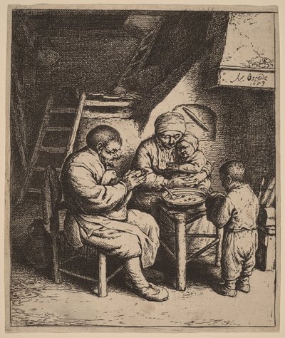 Bonde familie i bøn før måltidet af Adriaen van Ostade