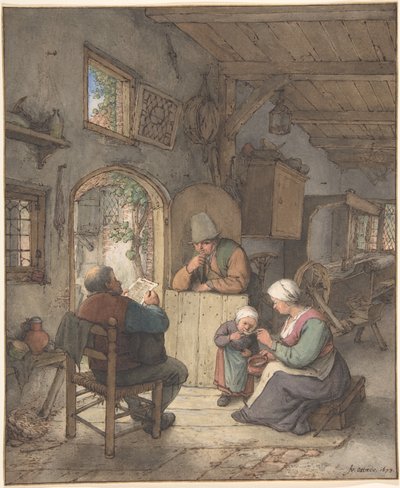 Læsning af nyheder i vævernes hytte af Adriaen van Ostade