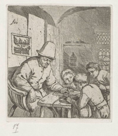 Skoleholder med tre elever ved bordet af Adriaen van Ostade