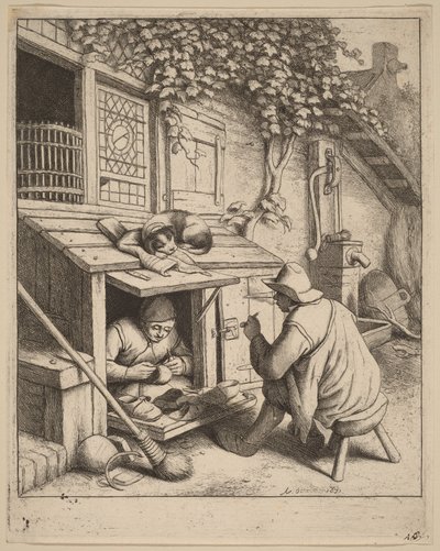 En ryger på en skammel i samtale med en skomager, der er i gang med sit arbejde af Adriaen van Ostade