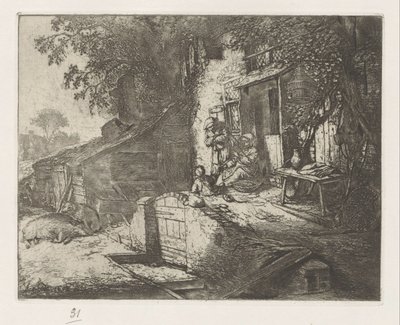 Spindende kvinde foran et hus af Adriaen van Ostade