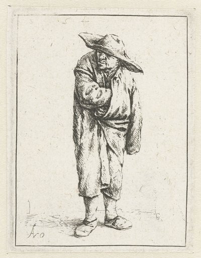 Stående bonde med hånd og arm i kappen Tiggeren svøbt i sin kappe af Adriaen van Ostade