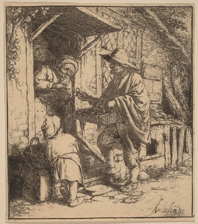 Gadesælger, der sælger briller ved døren af Adriaen van Ostade