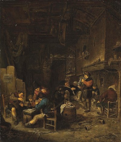 Værtshusinteriør med bønder, der spiller kort, ryger og drikker af Adriaen van Ostade