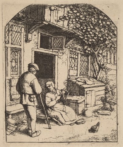 To bønder uden for et hus, kvinden vinder uld af Adriaen van Ostade
