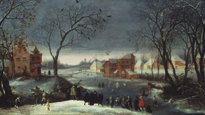 Vinterlandskab med skatere (panel) af Adriaen van Stalbemt