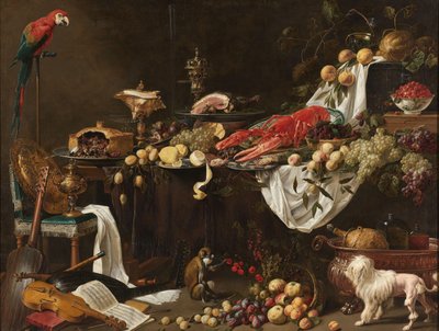 Banket stilleben Pronk-stilleben med en papegøje, hund og abe af Adriaen van Utrecht