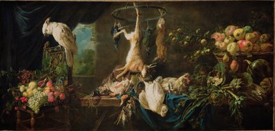 Stilleben - Vildt, grøntsager, frugt, kakaduer af Adriaen van Utrecht