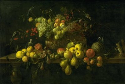 Stilleben med frugt på et bord af Adriaen van Utrecht