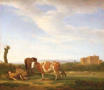 Et pastoralt landskab med en sovende hyrde, 1600-tallet af Adriaen van de Velde