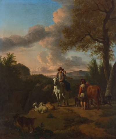 Et italiensk landskab med en mand og en kvinde på en hvid hest, der spørger en hyrde om vej. af Adriaen van de Velde