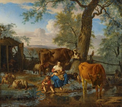 Kvæg med ammende kvinde og barn, der leger med en hund af Adriaen van de Velde