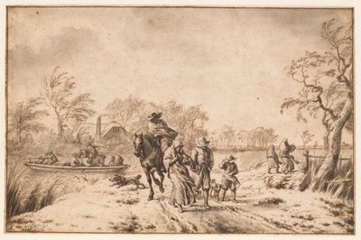 Efterårslandskab med rejsende og færge af Adriaen van de Velde