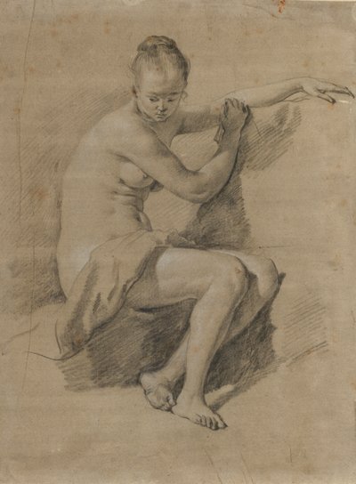 Siddende nøgen kvinde, ca. 1660-70 (sort-hvid kridttegning) af Adriaen van de Velde