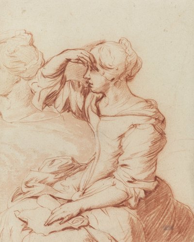 Siddende kvinde med hånden holdt over øjnene (pensel- og kridttegning) af Adriaen van de Velde