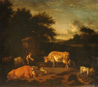 Hyrdinde og en chauffør med deres flokke ved en klassisk springvand i et skovklædt landskab af Adriaen van de Velde