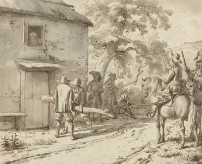 Soldater tvinger en dør, 1669 (pen- og blæktegning) af Adriaen van de Velde