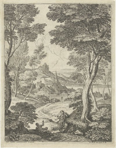 Landskab med et spidst tårn Landskaber med hyrder (serietitel) af Adriaen van der Kabel