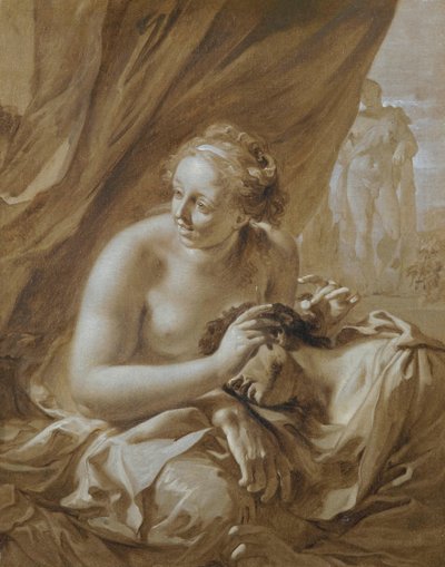 Mens Samson sover i Delilahs skød, lokker hun hans fjender til at komme nærmere og klippe hans hår af (Dommerbogen 16:19). af Adriaen van der Werff