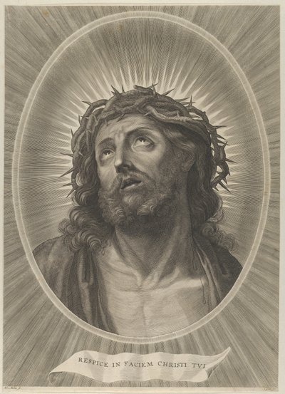 Kristi hoved ser op med tornekrone, i en oval ramme, efter Reni, ca. 1..., ca. 1653-67. af Adrian van Melar