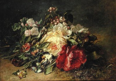 Stilleben med roser og stedmoderblomster (olie på lærred) af Adriana Joanna Haanen