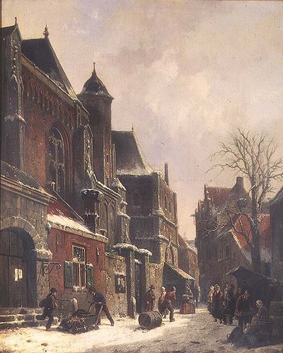 Et hollandsk gadebillede med figurer ved en kirke af Adrianus Eversen