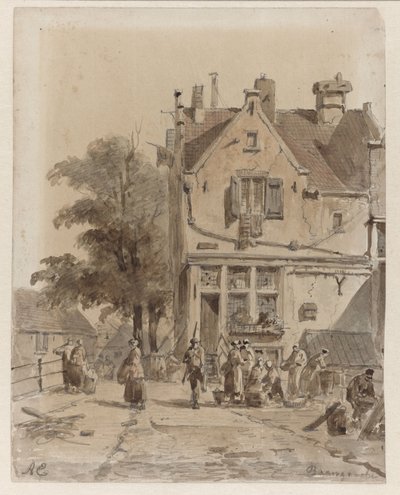 Udsigt over en bro over Baangracht i Amsterdam med mad af mad Baangracht (titel på objekt) af Adrianus Eversen