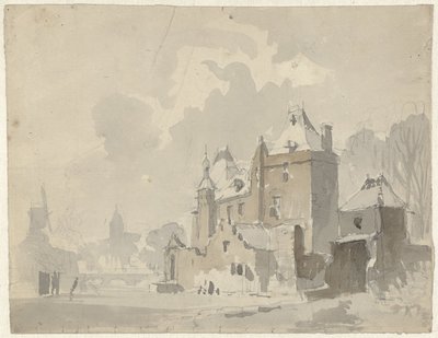 Udsigt over et forestillet(?) slot nær en by af Adrianus Eversen