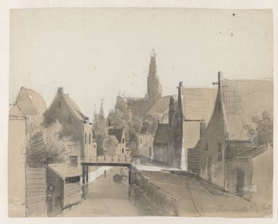 Udsigt over en kanal i Haarlem, i baggrunden St. Bavo Haarlem (titel på objekt) af Adrianus Eversen
