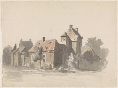 Udsigt over en gruppe huse med en byport(?) af Adrianus Eversen