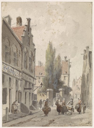 Bybillede med en kræmmer af Adrianus Eversen