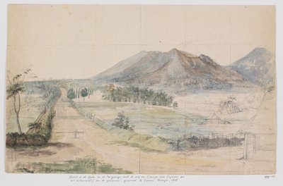 Udsigt over vulkanerne Gedé og Pangrango, vejen Cianjur-Cipanas og generalguvernørens residens i Cipanas, Priangan, West Java af Adrianus Johannes Bik