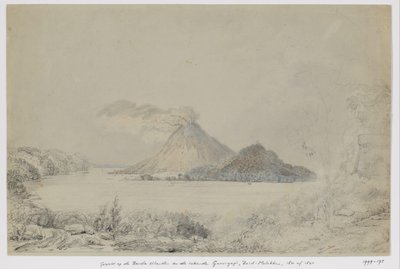 Udsigt fra Lontar på Banda Neira og rygning Gunungapi, Banda Islands, Central Maluku af Adrianus Johannes Bik