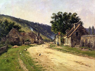 Landsbygade med figurer (olie på lærred) af Adrien Jacques Sauzay