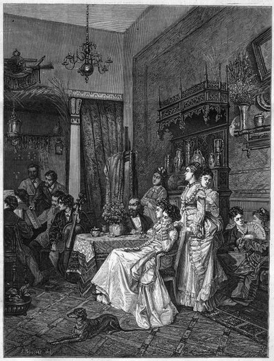 Amatørkoncert i en kunstners studie. Gravering efter maleriet af Adrien Moreau (1843-1906) i "The Illustrous Universe"" af Adrien (after) Moreau