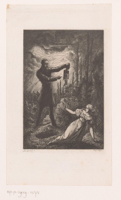 Natscene, hvor en mand viser et babyskelet til en ung kvinde ved en åben grav af Adrien Aubry