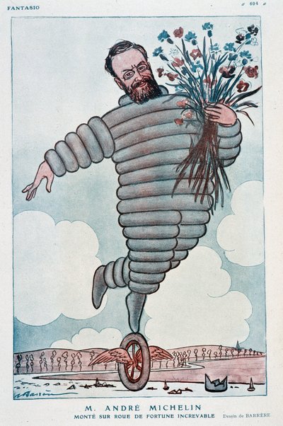 Tegneserie af Andre Michelin og Bibendum - Illustration af Adrien Barrere (1877-1931) i ""Fantasy"" fra 01/07/1923 af Adrien Barrere
