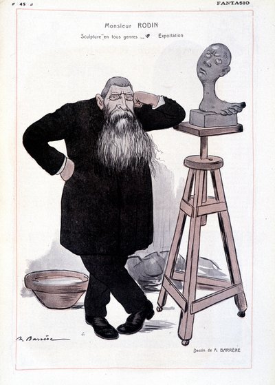 Tegneserie af billedhuggeren Auguste Rodin repræsenteret i hans værksted i "Fantasio"" af Adrien Barrere